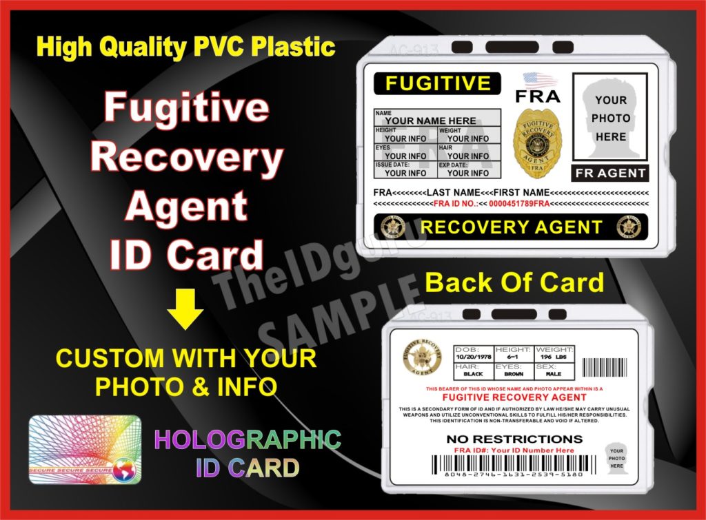 Fugitive Recovery Agent ID Card (FRA) Custom with your PHOTO and LOGO
