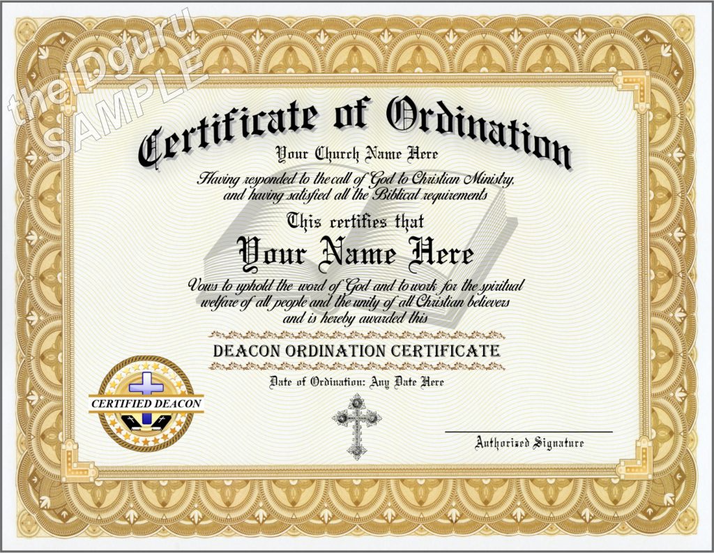 Ordained DEACON Certificate Custom printed with your information and
