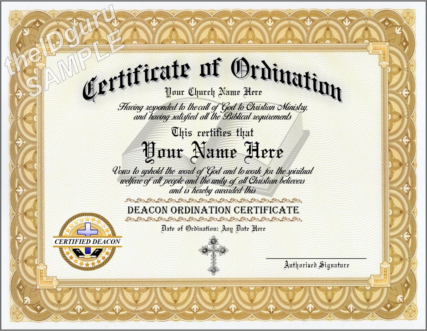 Ordained Deacon Certificate Custom Printed With Your Information And