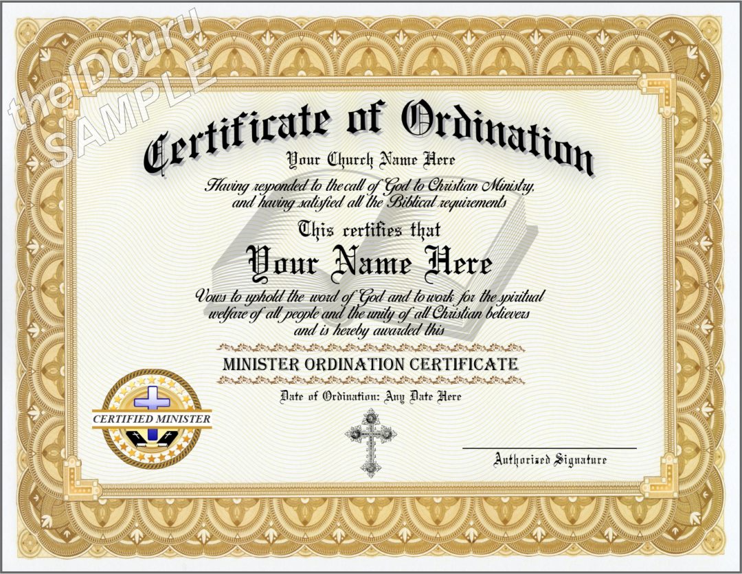 Ordained DEACON Certificate Custom printed with your information