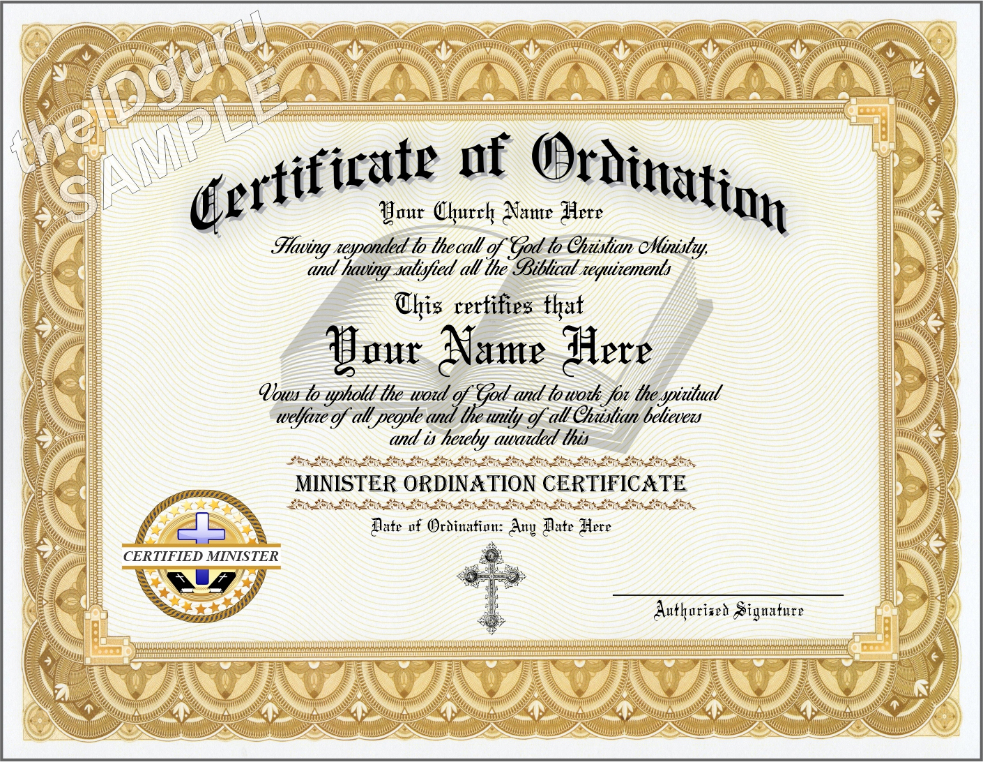 Ordained MINISTER Certificate Custom printed with your information