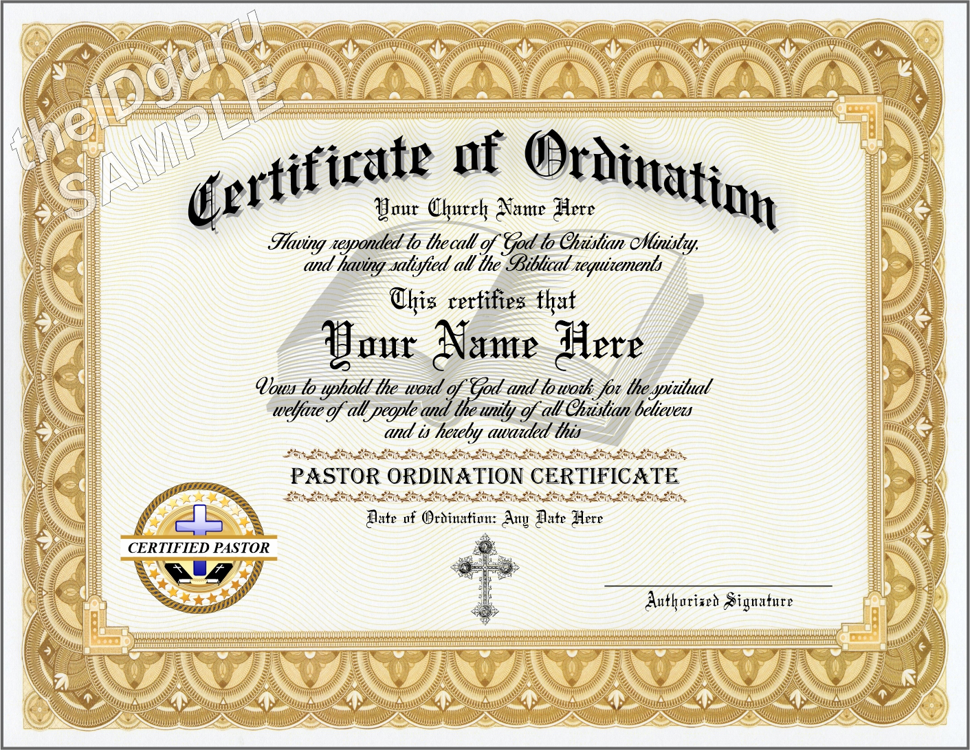 Ordained PASTOR Certificate Custom printed with your information and